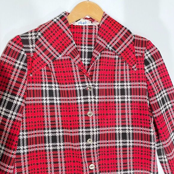 vtg womens Judy Way red plaid wide collar button blouse XS-S - Picture 9 of 10